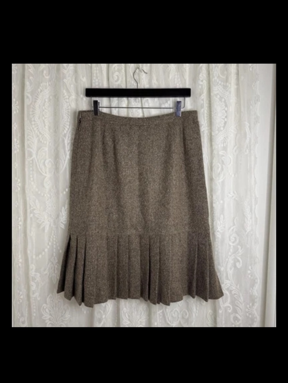 Vintage 90s Oscar de la Renta Tweed Skirt Brown Pleated Kick Flounce USA Size 14 - Picture 2 of 10